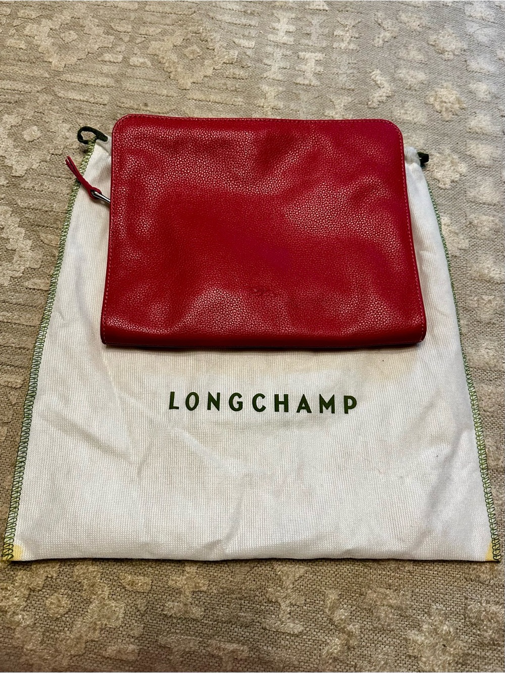 Longchamp Red Pebbled Leather Zip Pouch